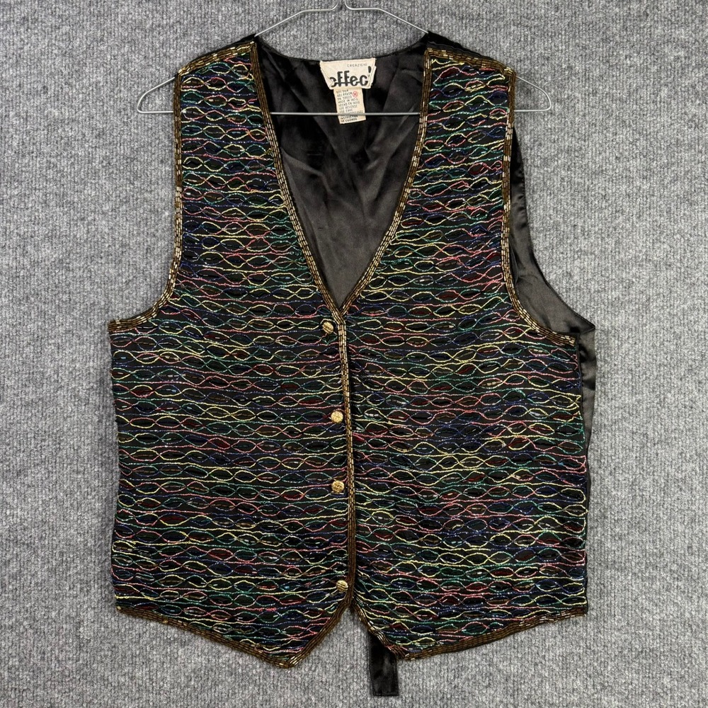 Creazioni Effeci Beaded Vest Womens Medium Black Multi Silk Rainbow Vintage